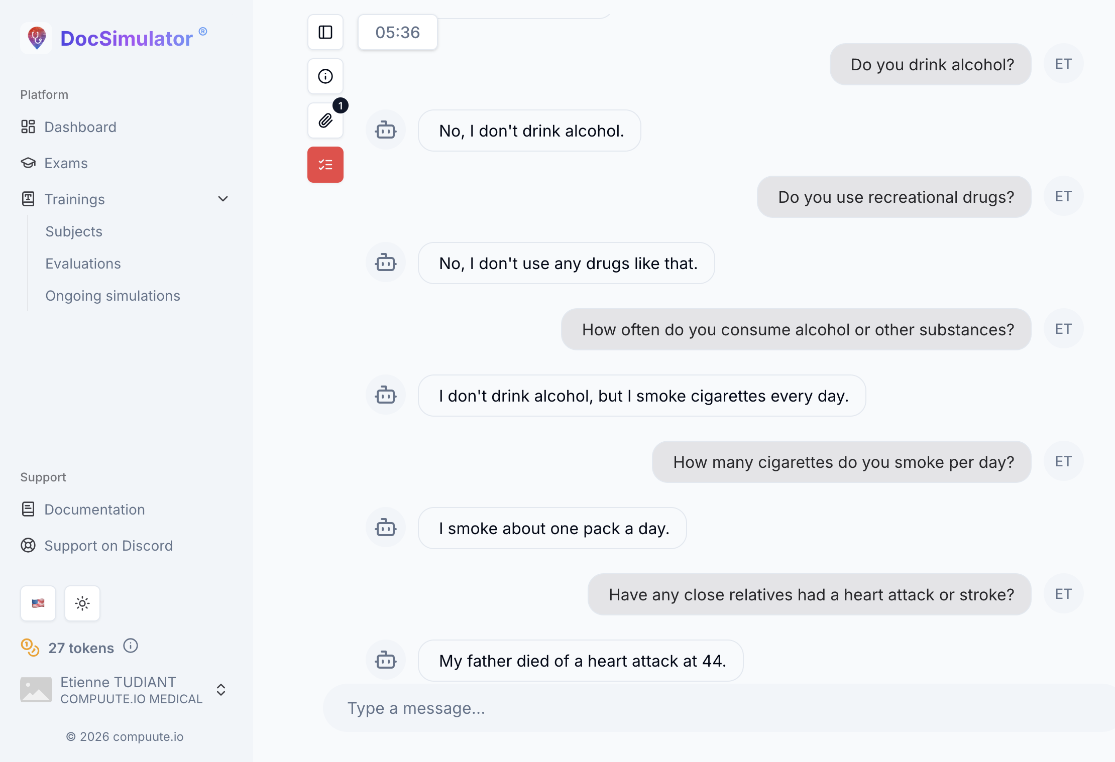 Screenshot of a student-AI patient conversation in DocSimulator
