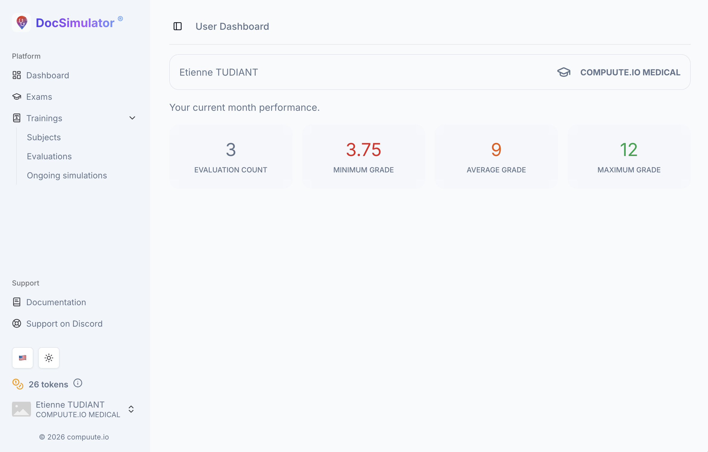 Screenshot of the DocSimulator student dashboard