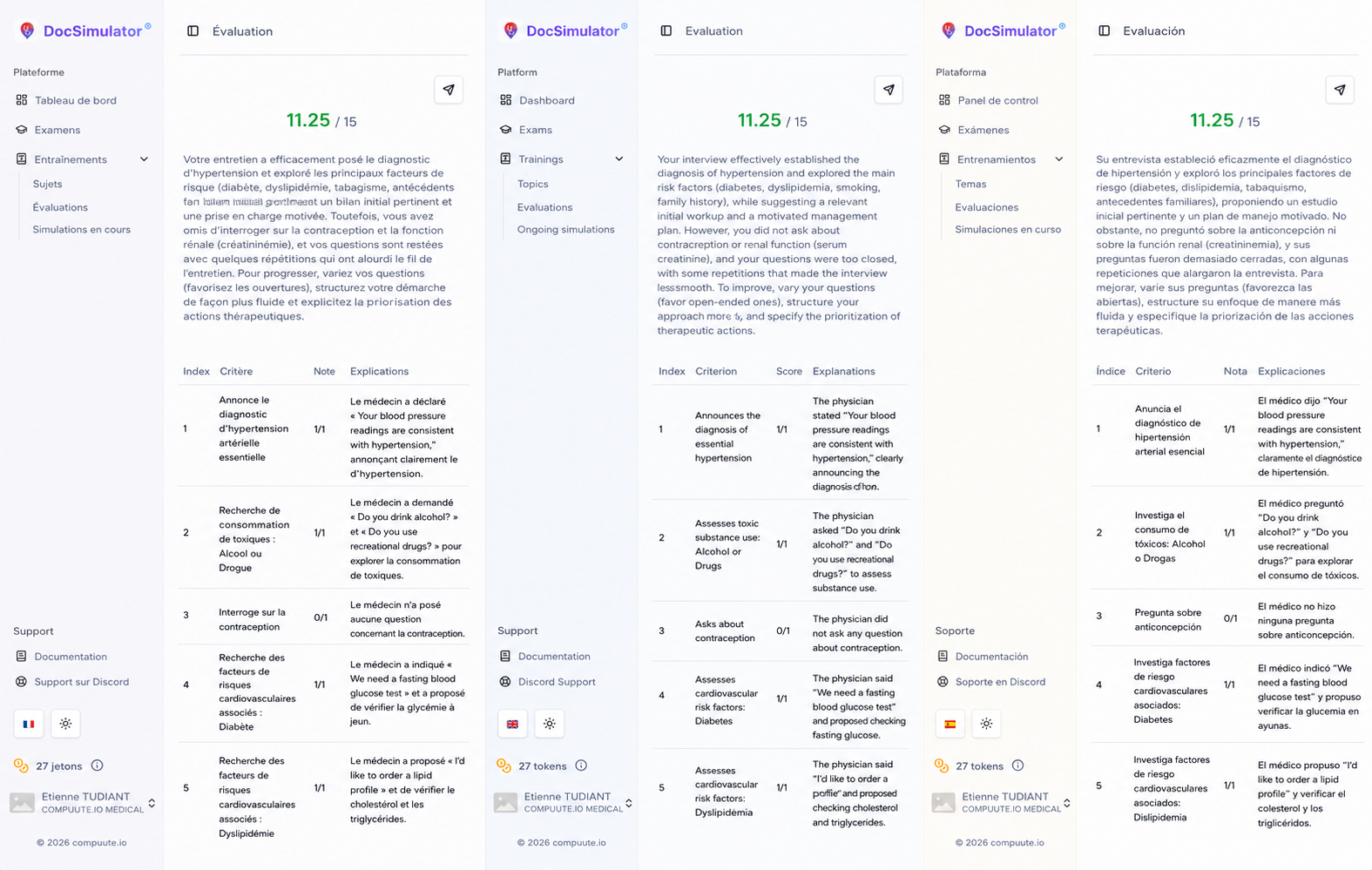 Capture d'écran de l'évaluation structurée multilingue dans DocSimulator
